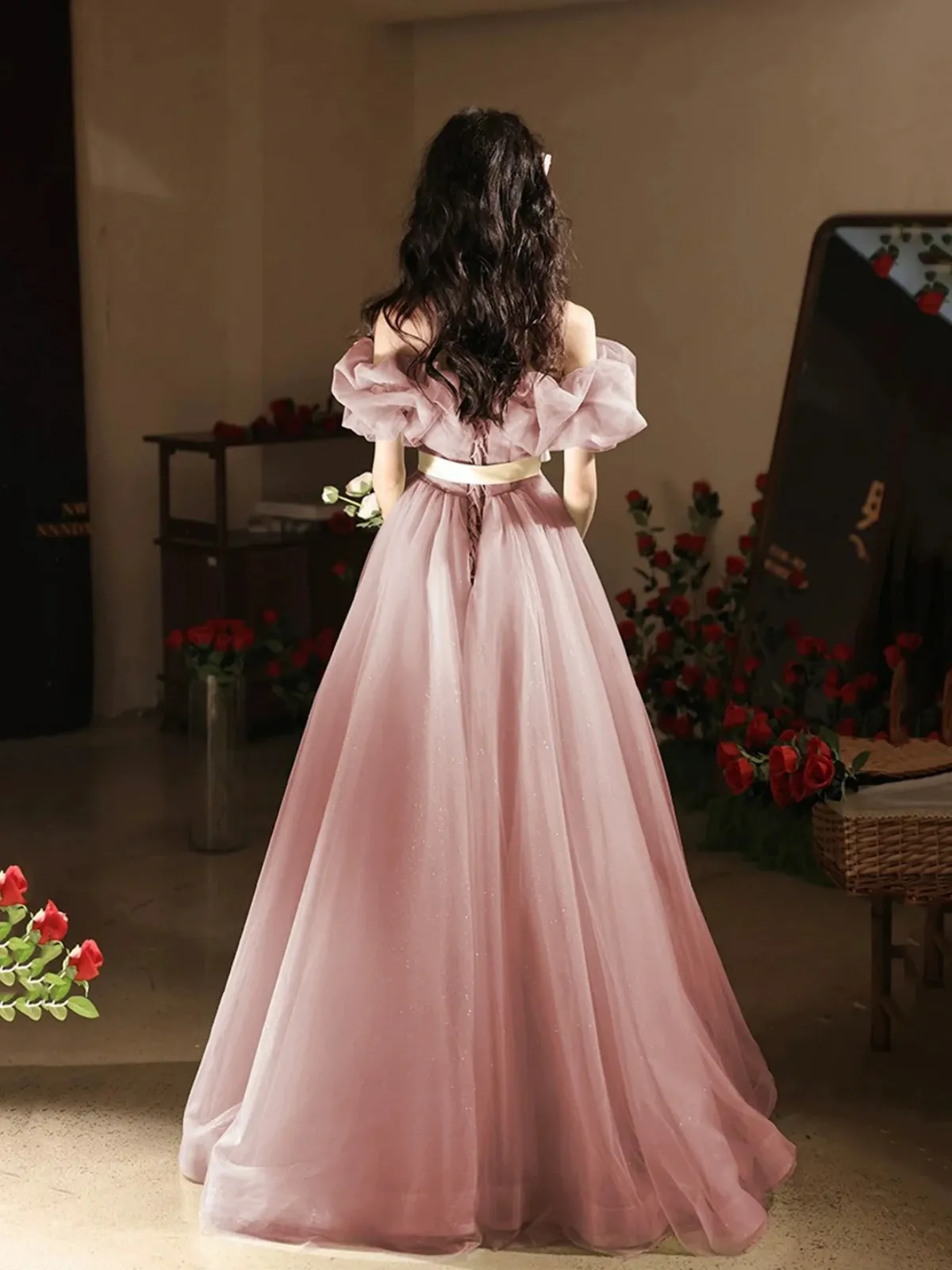 Off the Shoulder Pink Tulle Long Prom Dresses, Off Shoulder Pink Tulle Long Formal Graduation Dresses