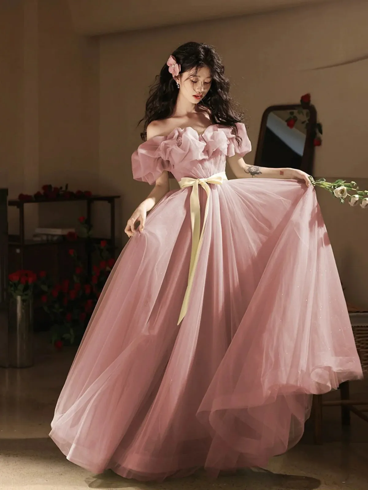Off the Shoulder Pink Tulle Long Prom Dresses, Off Shoulder Pink Tulle Long Formal Graduation Dresses