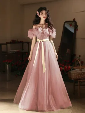 Off the Shoulder Pink Tulle Long Prom Dresses, Off Shoulder Pink Tulle Long Formal Graduation Dresses