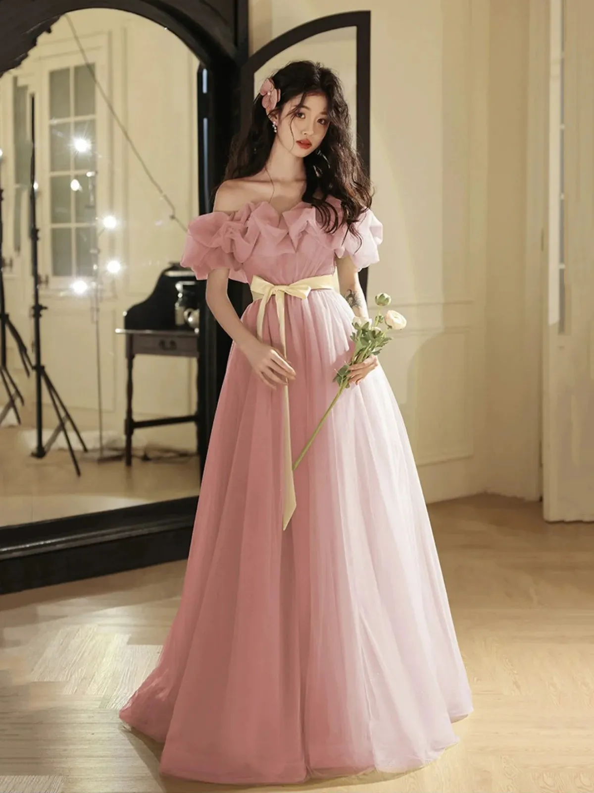 Off the Shoulder Pink Tulle Long Prom Dresses, Off Shoulder Pink Tulle Long Formal Graduation Dresses