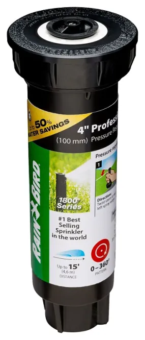 Rain Bird 1800 1804HV15PR Pressure Regulated Pop-Up Sprinkler, 1/2 in Connection, FNPT, 4 in H Pop-Up, 15 ft :EA: QUANTITY: 1